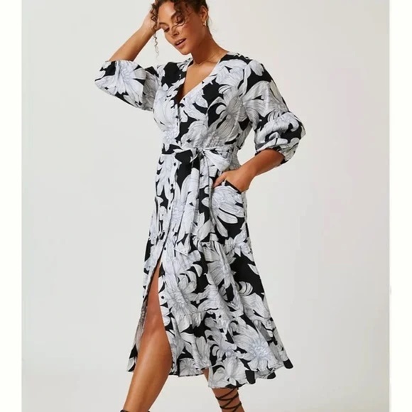 Anthropologie Maeve Midi Dress Puff Sleeve Floral Tiered Waist Tie Size 2 - Picture 1 of 6